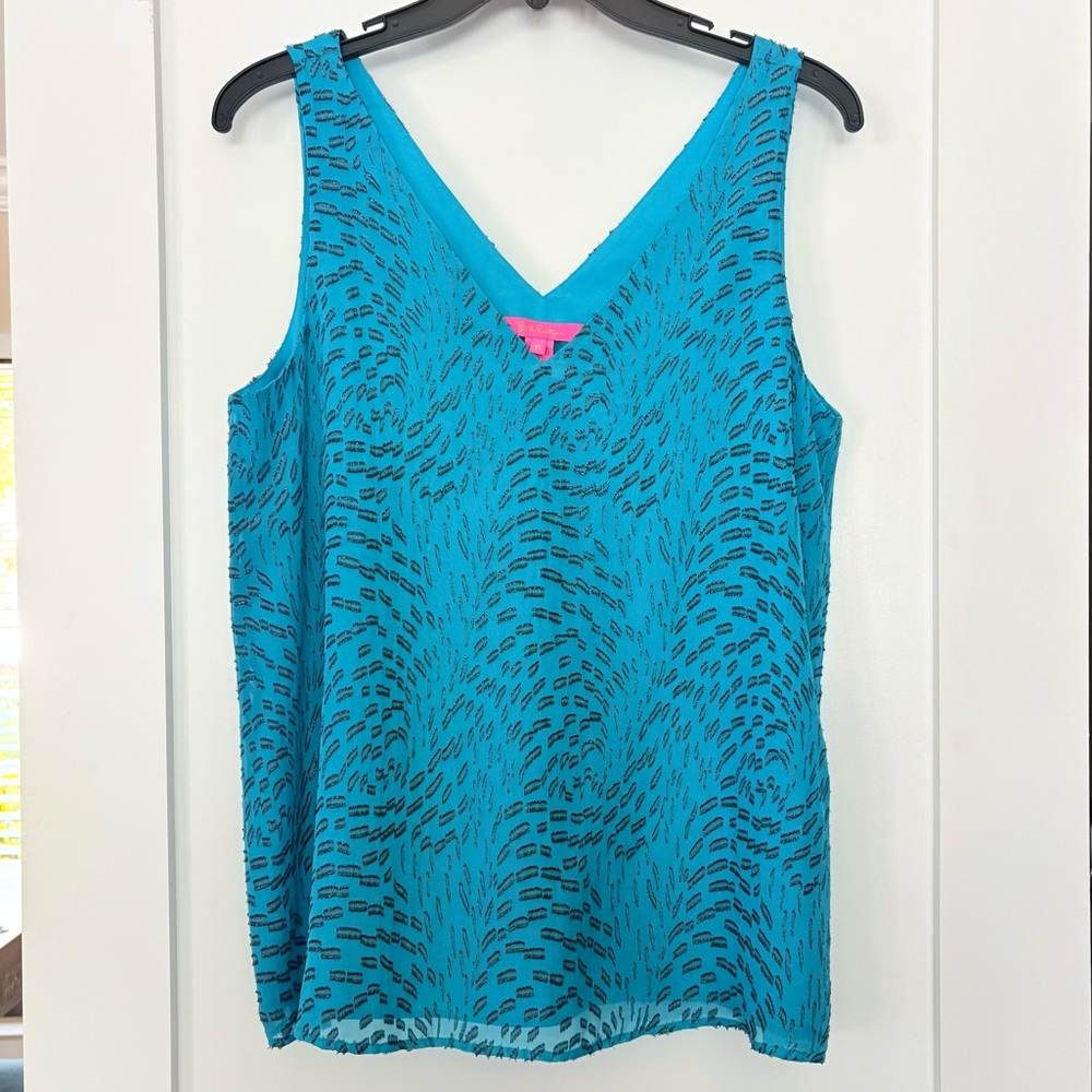 Lilly Pulitzer Florin SILK Tank Top Teal Swirl Clip MEDIUM resortwear luxe glam - Picture 5 of 9
